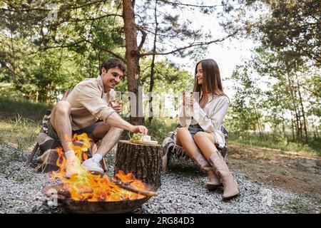 Coppia positiva con vino e cibo seduti sulle sedie a sdraio vicino alla legna da ardere durante il picnic all'aperto Foto Stock