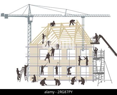 Costruzione di case con artigianato e costruttori, illustrazioni di falegnami Illustrazione Vettoriale