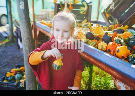 Adorabile bambina in età prescolare che seleziona varie zucche decorative al mercato agricolo per Halloween. Bambini che esplorano la natura. Attività autunnali per sma Foto Stock