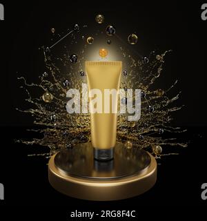 Tubo mockup di crema viso di bellezza per il viso su sfondo dorato bagnato, un prodotto biologico per la cura della pelle del viso sul podio. rendering 3d. Foto Stock