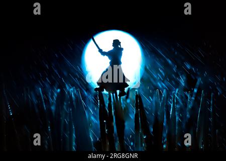 Samurai in miniatura chiaro di luna Samurai con una spada sagomata al chiaro di luna Foto Stock