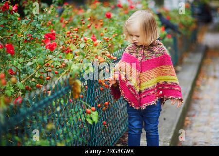 Adorabile bambina che cammina nel parco in un giorno autunnale a Parigi, Francia. Bambini che si divertono all'aria aperta in autunno. Abiti autunnali eleganti e comodi per i bambini Foto Stock