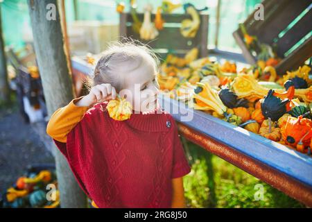 Adorabile bambina in età prescolare che seleziona varie zucche decorative al mercato agricolo per Halloween. Bambini che esplorano la natura. Attività autunnali per sma Foto Stock