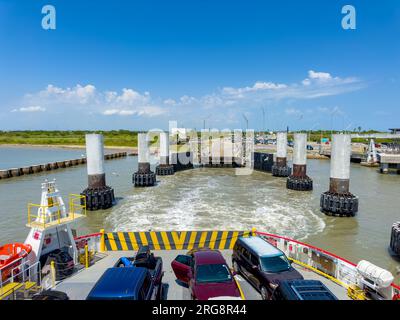 Port Bolivar, Texas, USA - 23 luglio 2023: Foto del traghetto gratuito da Port Bolivar a Galveston Foto Stock