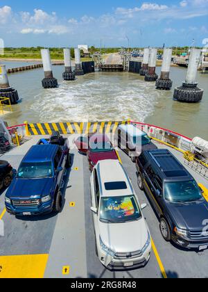 Port Bolivar, Texas, USA - 23 luglio 2023: Foto del traghetto gratuito da Port Bolivar a Galveston Foto Stock