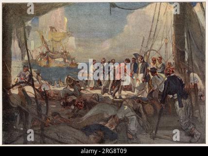 LA BATTAGLIA DEL LAGO ERIE Perry, con una flotta molto più grande, distrusse una flottiglia inglese di 6 golette, costringendo gli inglesi ad arrendersi Foto Stock