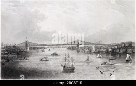 New York: Vista sull'East River Bridge (Ponte di Brooklyn). Approccio di New York a sinistra dell'immagine; approccio di Brooklyn a destra. Foto Stock