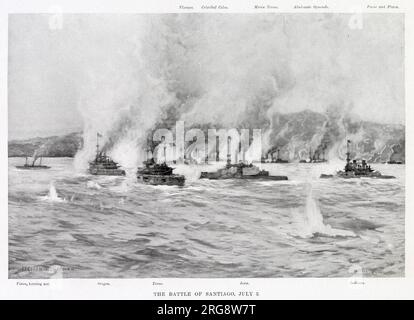 BATTAGLIA NAVALE DI SANTIAGO le navi da guerra rivali si scontrano da vicino Foto Stock
