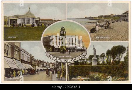 Sheerness, Kent: Cinque viste della città: Esplanade, Pavilion, High Street, Memorial Gardens e Clock Tower Foto Stock