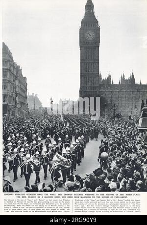 Vittoria della battaglia del fiume Plate, dove la HMS Ajex, Exerter Achilles combatté nell'Atlantico meridionale il 13 dicembre 1939, come prima battaglia navale della seconda guerra mondiale. Il primo grande raduno ad essere visto per le strade di Londra dall'inizio della guerra, folle estasiate per accogliere i vincitori. Foto Stock