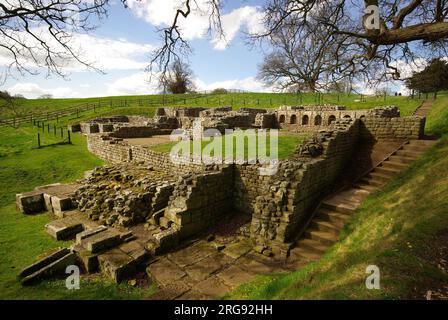 Forte romano di Chesters e Bath House, Vallo di Adriano, Northumberland. Il forte fu costruito per proteggere il ponte che portava il muro sul fiume Tyne -- vi vivevano 600 soldati di cavalleria. Foto Stock