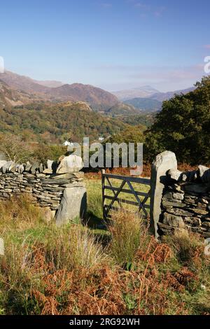 Una vista della valle di Nant Gwynant dall'alto di Beddgelert a Snowdonia, Gwynedd, Galles del Nord, con un muro di pietra e una porta a cinque barre. Foto Stock