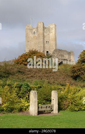 Vista del castello di Conisbrough, vicino a Doncaster nel South Yorkshire. Fu costruita negli anni '1180 dal quinto conte di Surrey, fratellastro di Enrico II, e ha la più bella torre circolare del castello normanno nel Regno Unito. In primo piano si può vedere una serie di stock. Foto Stock