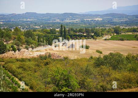 Paesaggio mediterraneo panoramico aereo con cipressi, ulivi e vigneti in Provenza, nel sud della Francia Foto Stock