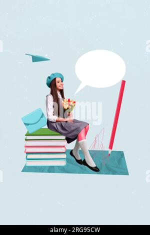 Collage di biglietti d'auguri di adorabile studentessa seduta con bouquet di freschi tulipani, libri impilati con scritto isolato su sfondo grigio Foto Stock