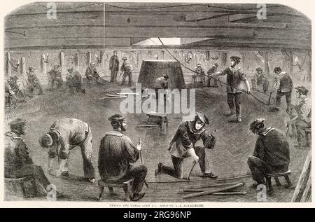 Avvolgimento del cavo Atlantico a bordo della H.M.S "Agamemnon" prima della spedizione del 1858 per posizionare il cavo dalla Gran Bretagna al Nord America. Il cavo è stato posato con successo il 5 agosto 1858, ma il collegamento è stato perso il 20 ottobre. Nonostante ciò, 723 messaggi telegrafici erano stati trasmessi con successo per oltre 2500 miglia. Foto Stock