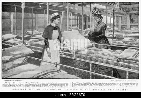 La nave ospedale americana, RFA Maine, costruita per ospitare 200 pazienti feriti. Disegno che mostra Lady Randolph Churchill che era un'infermiera sulla nave da guerra, per la quale è stata insignita della decorazione della Royal Red Cross (RRC) nel South Africa Honours 1902. Foto Stock