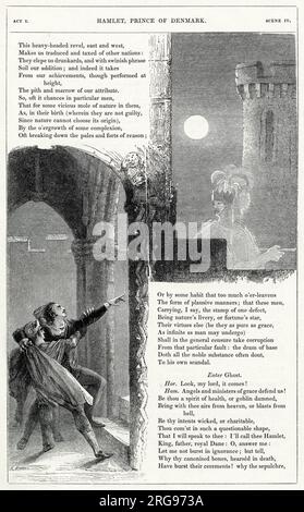 Illustrazione di Kenny Meadows ad Amleto, Principe di Danimarca, di William Shakespeare. Scena sulle merlature del Castello di Elsinore, con Amleto che punta verso il fantasma di suo padre, e Horatio che cerca di trattenerlo. Foto Stock