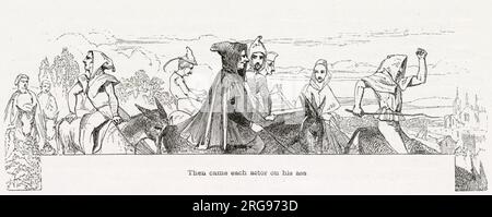 Illustrazione di Kenny Meadows ad Amleto, Principe di Danimarca, di William Shakespeare. L'arrivo dei giocatori in viaggio. Foto Stock