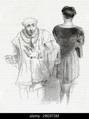 Illustrazione di Kenny Meadows ad Amleto, Principe di Danimarca, di William Shakespeare. Amleto in conversazione con Polonio. Foto Stock