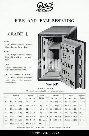 Sicuro da brevetto Ratner, resistente al fuoco e alle cadute, grado 1, dimensione MP, con dettagli e misurazioni. Foto Stock