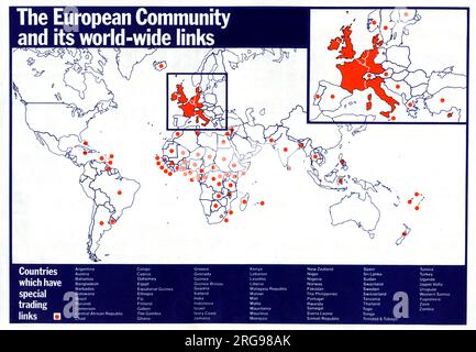 MAP, la Comunità europea e i suoi collegamenti a livello mondiale - paesi che hanno legami commerciali speciali. Opuscolo HMSO per referendum sulla Comunità europea (mercato comune), 1975. Foto Stock