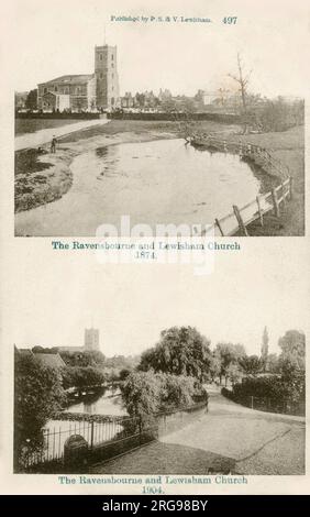 Vista del fiume Ravensbourne e di St Mary's Church, Ladywell, Lewisham, Londra nel 1874 e 1904. Foto Stock