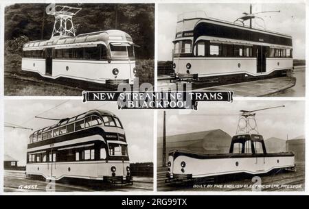 Tram car "Luxury" di Blackpool, tra cui le varietà a due piani ("Balloon") e a un piano e un tram completamente aperto. Molti di questi tram d'epoca sono ancora in funzione, mantenuti dagli appassionati e dai turisti che hanno reso famoso il resort. La funivia Blackpool va da Blackpool a Fleetwood sulla costa di Fylde nel Lancashire, in Inghilterra, ed è l'unica tranvia di prima generazione sopravvissuta nel Regno Unito. Costruito dalla English Electric Company di Preston, Lancashire. Foto Stock