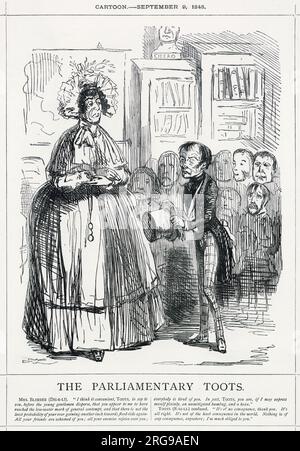 Cartoon, The Parliamentary Toots -- un commento satirico sulle critiche di Benjamin Disraeli al governo di Lord John Russell. La signora Blimber (co-proprietaria di una scuola) e Toots (un allievo debole della scuola) sono personaggi di Dombey and Son, un romanzo di Charles Dickens. Foto Stock