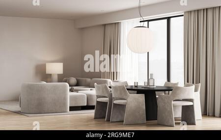 Interni di soggiorno beige in legno con tavolo da pranzo e divano con lampada. Sala minimalista giapponese naturale sul pavimento in parquet. Finestra con campagna. 3d. Foto Stock