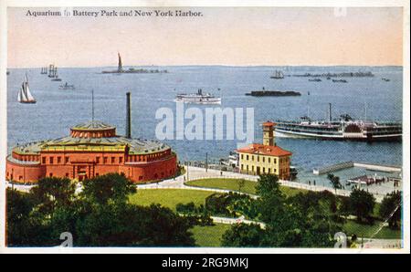 Acquario (ex Fort Clinton) a Battery Park e New York Harbour, New York, USA. Foto Stock