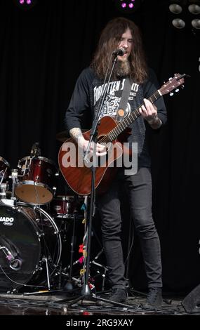 Cantante/chitarrista Art in the Park, Leamington Spa, Warwickshire, Inghilterra, Regno Unito Foto Stock