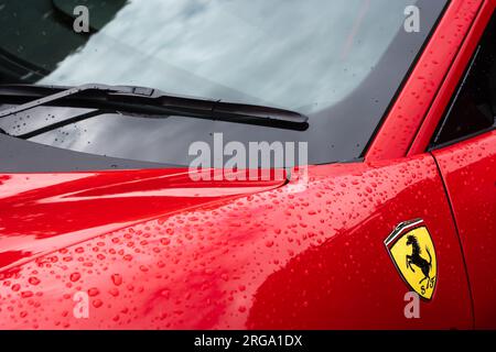 Il logo del pannello laterale del Cavallo Rampante e la sezione del parabrezza di una Ferrari F8 Tributo italiana rossa in vista paesaggistica. Foto Stock