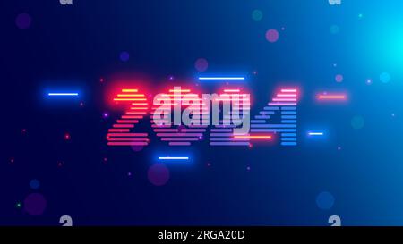anno nuovo 2024, background tecnologico natalizio. L'anno 2024 è costituito da lampade al neon chiare al buio, appese nel cyberspazio. Cifre o numero dell'anno in occasione della celebrazione Illustrazione Vettoriale