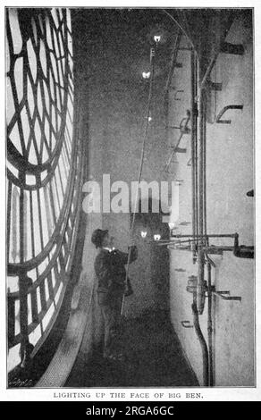 Ogni sera il custode sale i gradini a spirale della Torre dell'Orologio (Elizabeth Tower) per accendere le luci del gas dietro i quadranti del famigerato orologio in modo che Londra possa vedere l'ora. Foto Stock