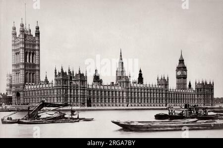 Vintage 19th ° secolo fotografia: Casa del Parlamento, Westminster Londra, attraverso il Tamigi Foto Stock