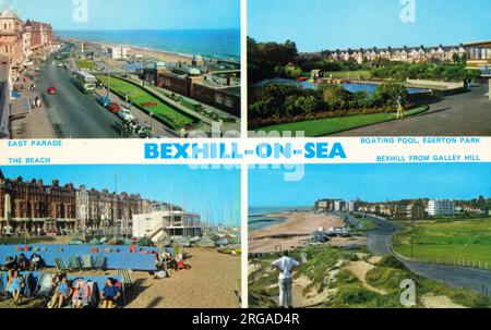 Bexhill-on-Sea, East Sussex, Inghilterra. (Orologio dall'alto a sinistra) East Paradise, piscina nautica, Egerton Park, Bexhill da Galley Hill e la spiaggia. Foto Stock