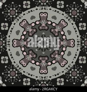 Ripetizione senza giunzioni. Simpatico orso. Colore grigio scuro e verde mandorla. Vettore. Illustrazione Vettoriale