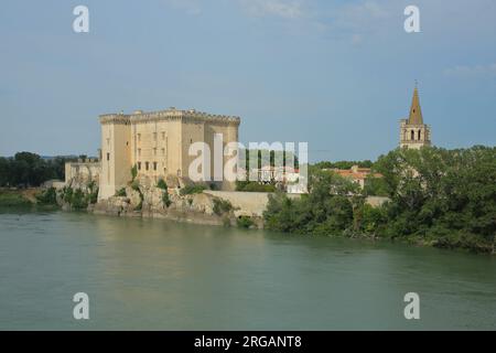 Storica Château du roi René costruita nel XV secolo e campanile del Collégiale royale Sainte-Marthe sul fiume Rodano, Tarascon, Bouches-du-Rhône, Foto Stock