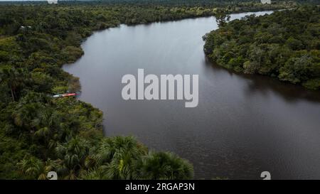 I FIUMI AMAZZONICI, CIRCONDATI DA UNA FITTA GIUNGLA, SI OSSERVANO I MEANDRI Foto Stock