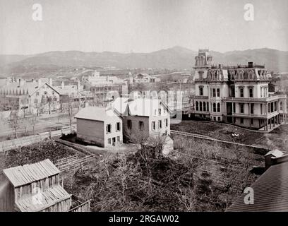 Case storiche, tra cui la Beehive, casa di Brigham Young, Chiesa dei Santi degli ultimi giorni, Salt Lake City, Utah, fine del 19th ° secolo, Mormon. Foto Stock