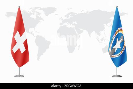 La Svizzera e le Isole Marianne Settentrionali bandiere per un incontro ufficiale sullo sfondo della mappa mondiale. Illustrazione Vettoriale