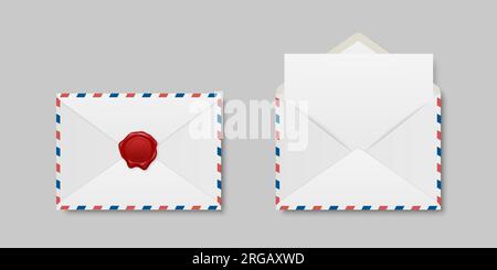 Buste vettoriali con sigillo di cera rosso e lettera vuota. Set di buste isolate ripiegate e non ripiegate. Modello di progetto. Messaggio, notifica, posta, sorpresa Illustrazione Vettoriale