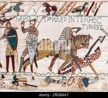 Arazzo di Bayeux - la morte di re Harold II nella battaglia di Hastings. Foto Stock