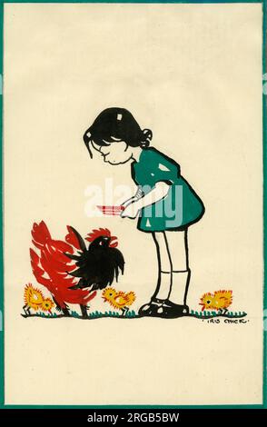 Illustrazione originale - disegno di cartolina di Pasqua per i bambini - la madre gallina ed i suoi pulcini sono alimentati da una ragazza giovane in un vestito verde. (1 di 6) Foto Stock