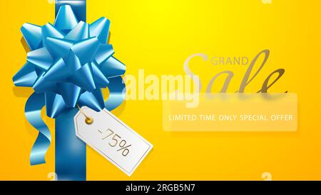 Banner di vendita brillante. Fiocco a nastro blu decorativo con etichetta prezzo bianca su sfondo giallo. Tag vettoriale, testo dorato decorativo. Promozione speciale Black Friday Illustrazione Vettoriale