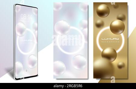 Set di sfondi per smartphone Luxury Flying Jewelry Pearl and Gold Sphere White Glow Ring Frame con elemento glassmorfistico. Blocco schermo dello smartphone Vector Illustrazione Vettoriale