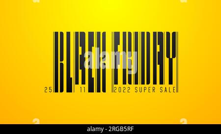 Testo del Black Friday in stile codice a barre su sfondo giallo. Concetto di vendita Vector futuristico. logo nero super sale del 25 novembre. Illustrazione Vettoriale