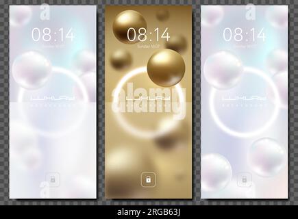 Set di sfondi per smartphone Luxury Flying Jewelry Pearl and Gold Sphere White Glow Ring Frame con elemento glassmorfistico. Blocco schermo smartphone vettoriale d Illustrazione Vettoriale