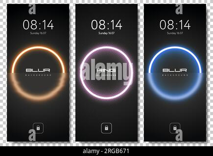 Set di sfondi neon Glow Circle per smartphone con elemento glassmorfismo. Tema futuristico del modello di blocco schermo per smartphone Vector. Astratto mobile Illustrazione Vettoriale
